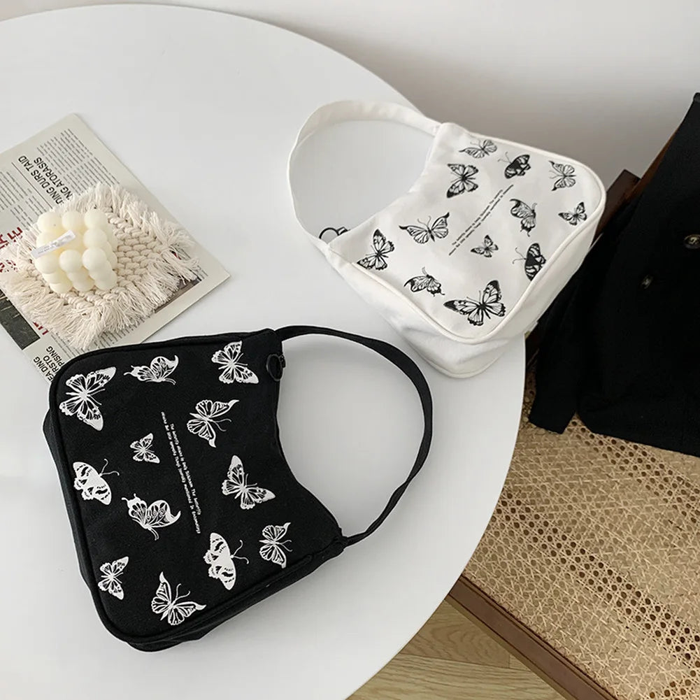 Spring Butterfly Print Canvas Tote Underarm Bag
