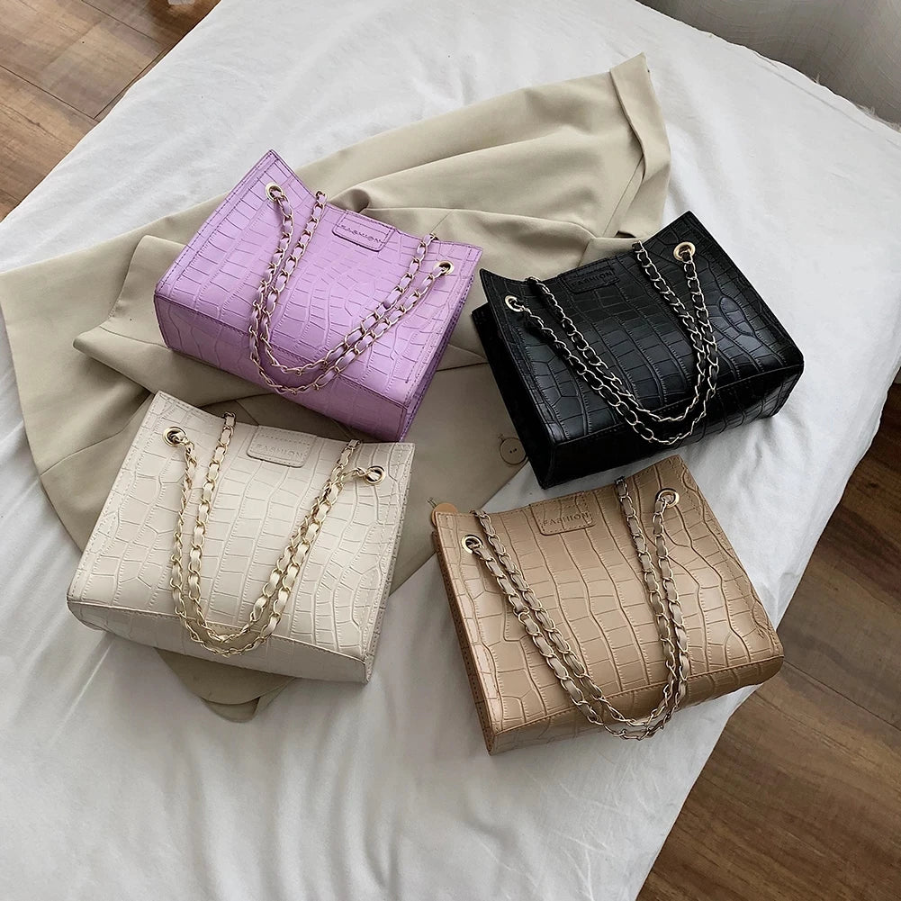 Square Bags Women Large Capacity Handbags PU Leather Stone Pattern Shoulder Mess