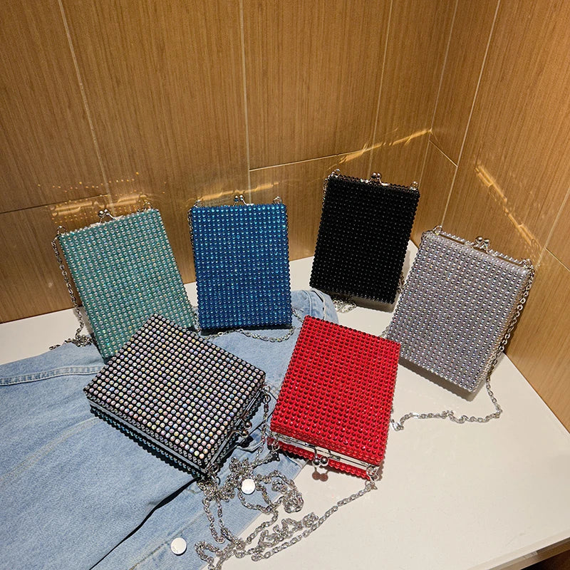 Square Box Lipstick Pouch Rhinestones Clutch Bag for Evening Party Wedding