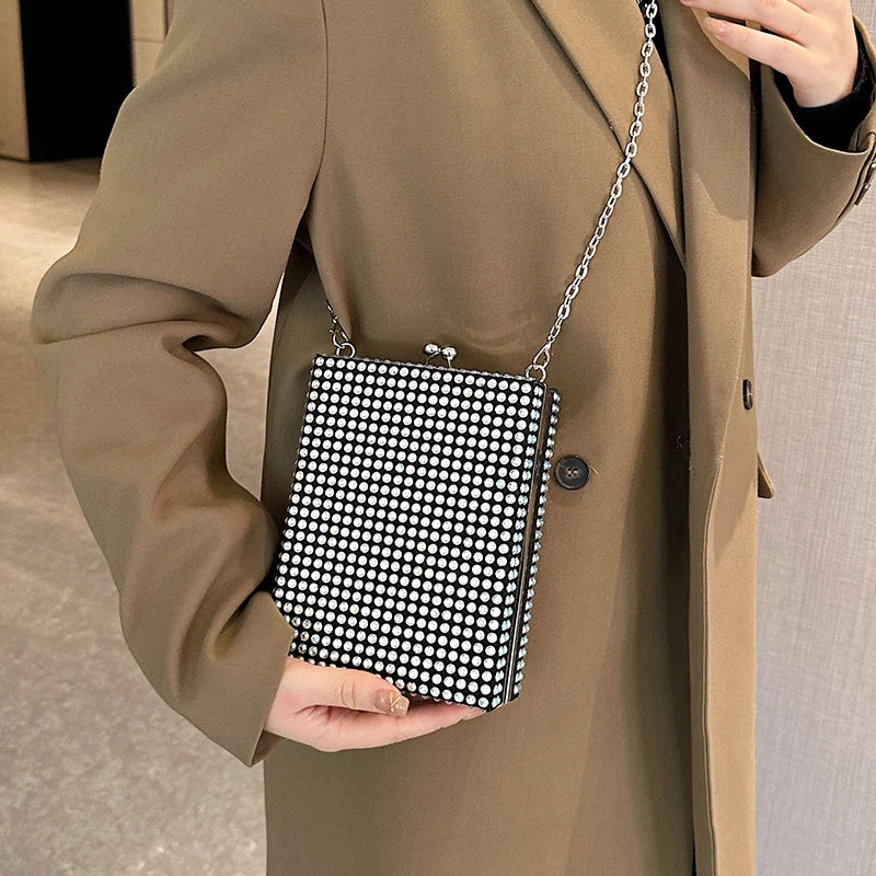 Square Box Lipstick Pouch Rhinestones Clutch Bag for Evening Party Wedding