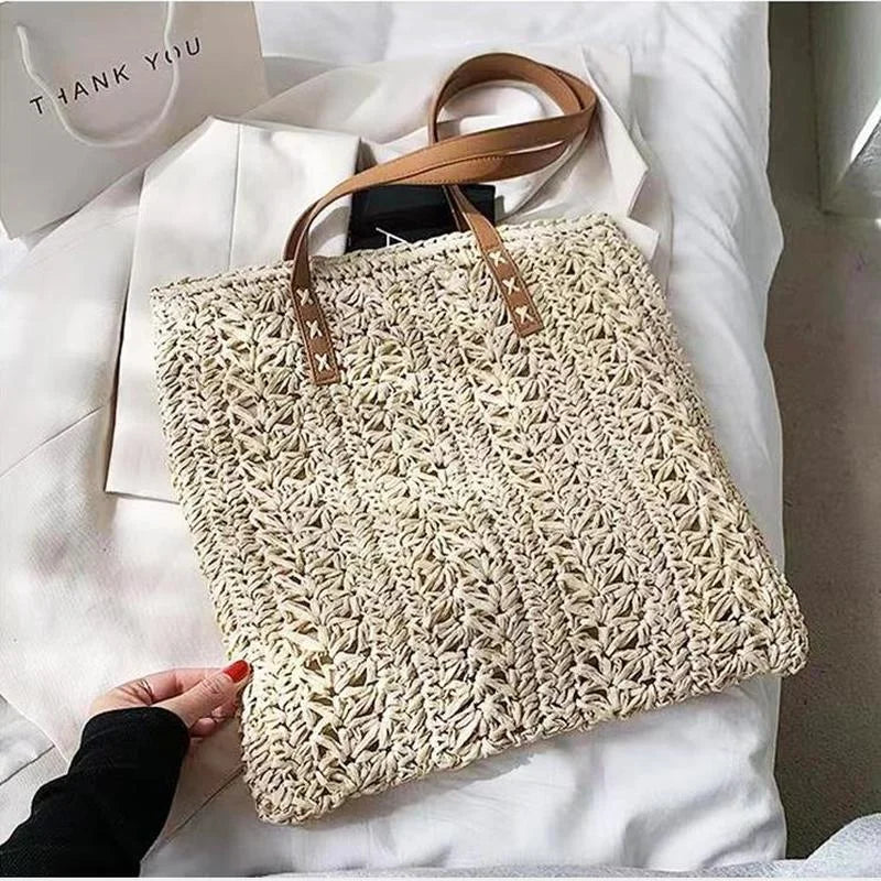 Square Hollow Straw Beach Bag Woven Shoulder Bag Raffia Rattan