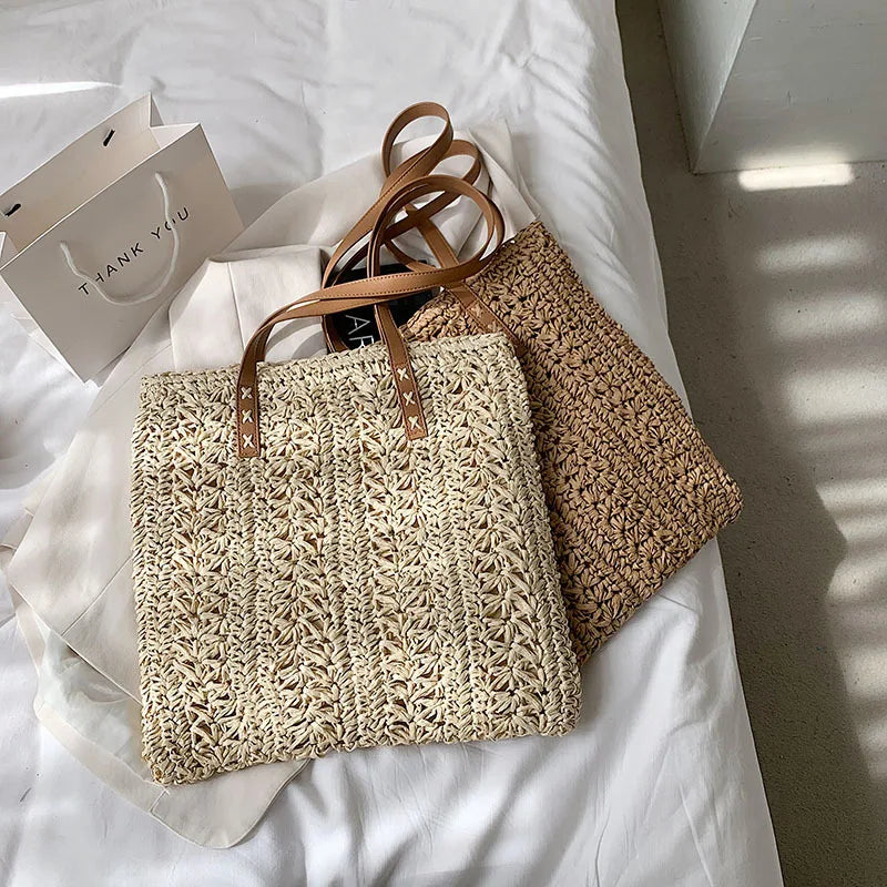 Square Hollow Straw Beach Bag Woven Shoulder Bag Raffia Rattan