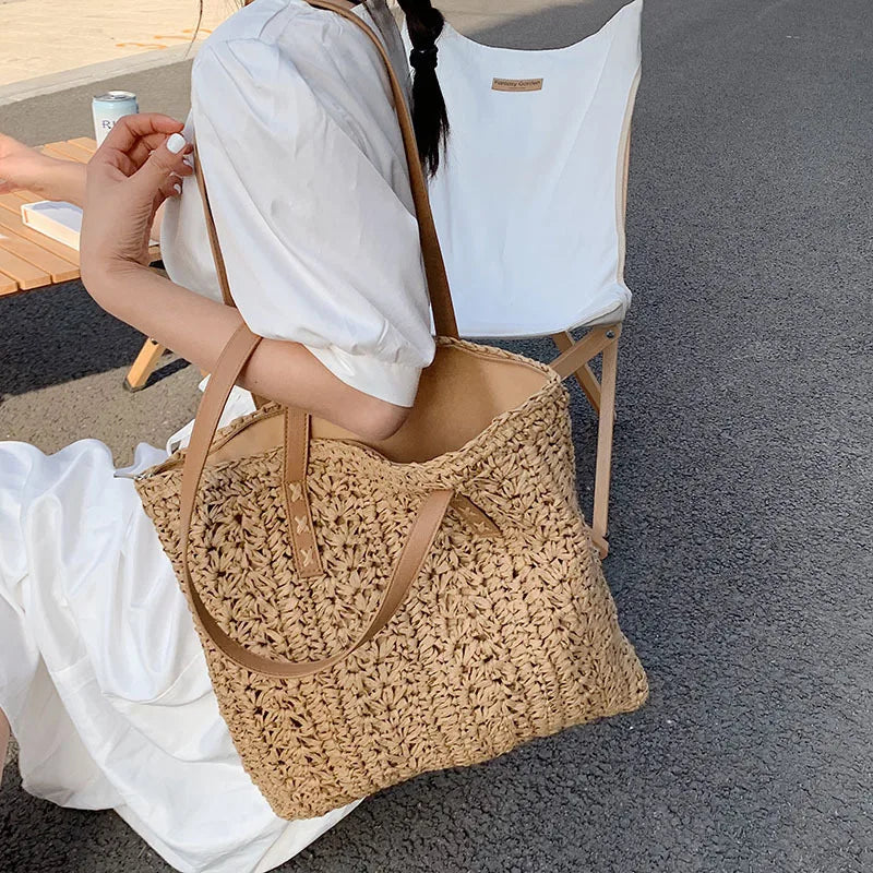 Square Hollow Straw Beach Bag Woven Shoulder Bag Raffia Rattan