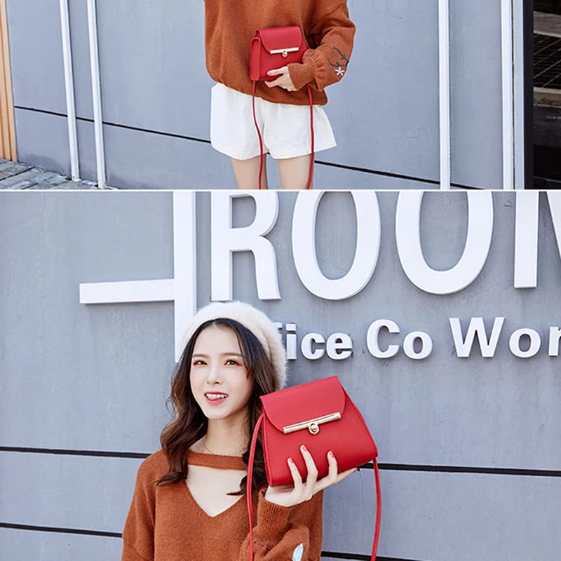 Red Square Print Casual Shoulder Bag Mini with Zipper Chain