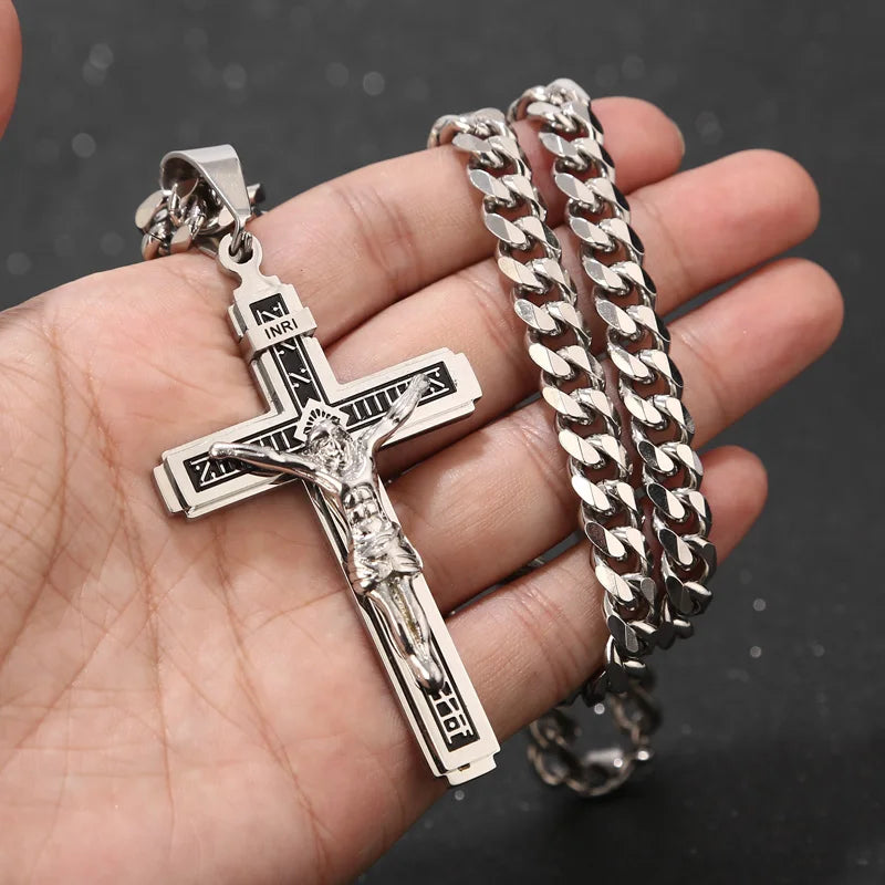 Multilayer Jesus Cross Necklace Pendant 24'' Chain Top