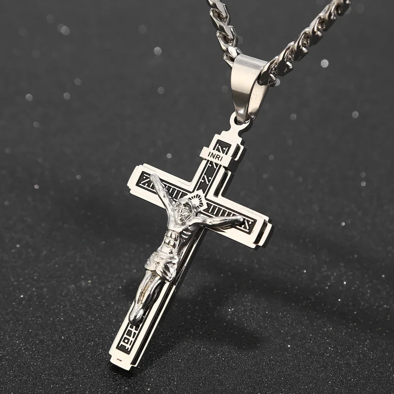 Multilayer Jesus Cross Necklace Pendant 24'' Chain Top