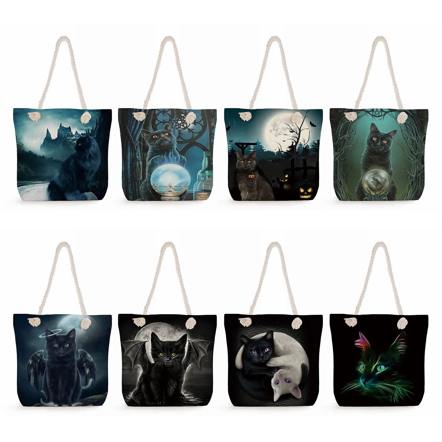 Starry Sky Cat Print Tote Bag Thick Rope Shopping Bag