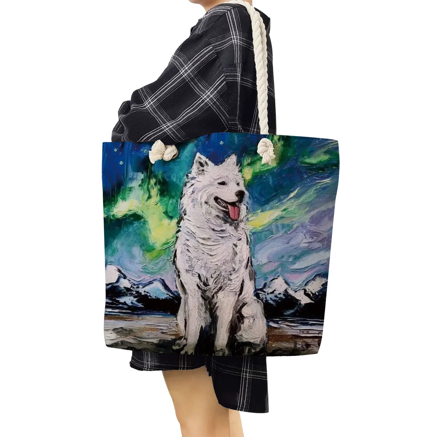 Starry Sky Oil Painting Dog Handbag Bright Colors Linen Tote Bag