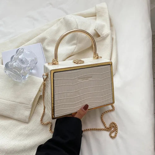 Stone Box Bags Metal Handle Women Handbag Shoulder Messenger Bag
