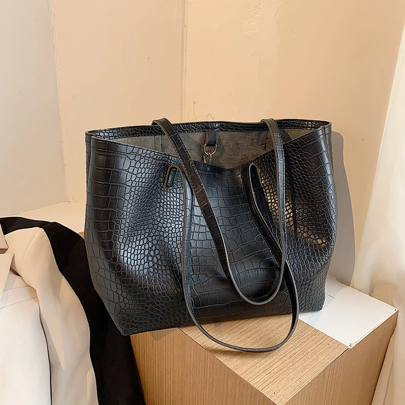 Stone Grain PU Leather Handbags Large Capacity Shoulder Bags for Ladies