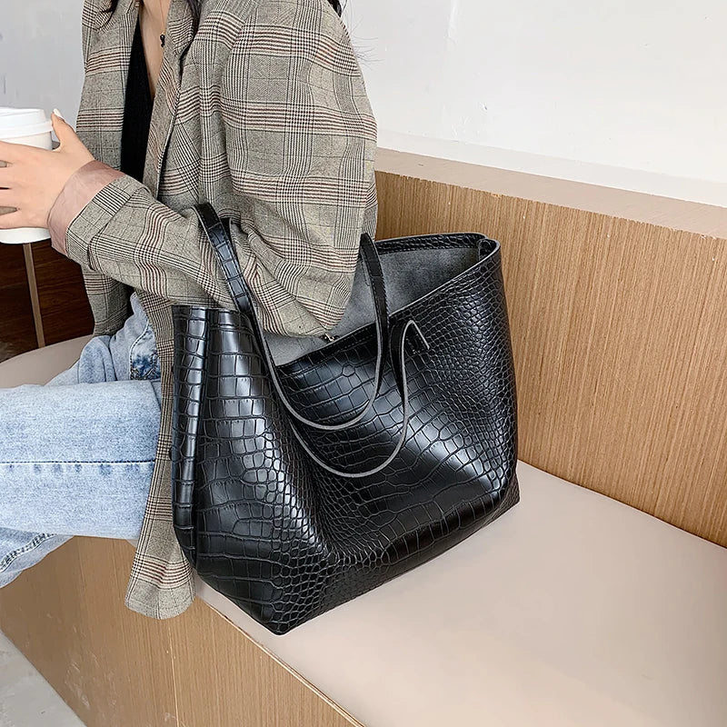 Stone Grain PU Leather Handbags Large Capacity Shoulder Bags for Ladies