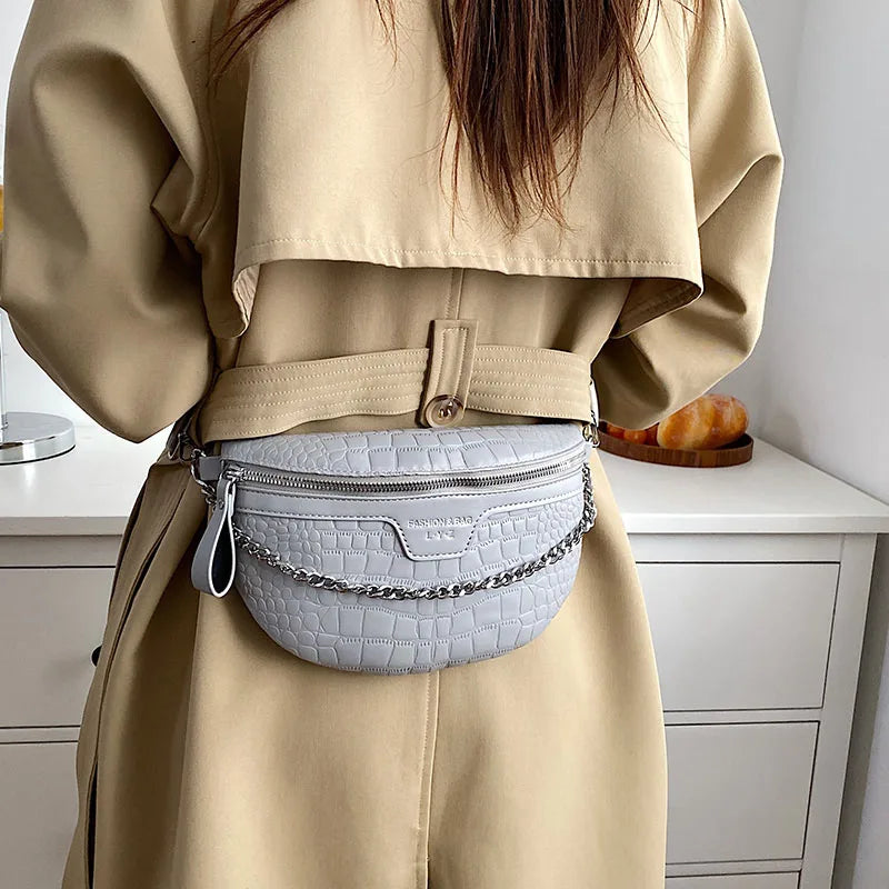 Stone Pattern Leather Chain Waist Bags Women Chest Bag Crossbody Bags