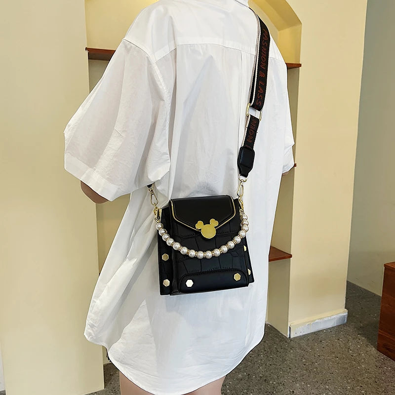 Stone Pattern Leather Crossbody Bags For Women Beading Chain Shoulder Bag