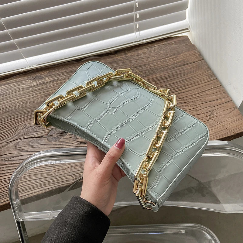 Stone Pattern PU Leather Armpit Bag with Chain Shoulder Strap