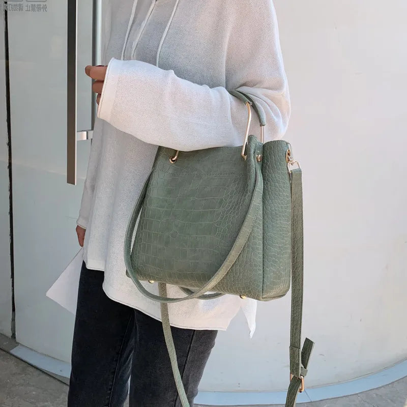 Stone Pattern PU Leather Bucket Bags Women Small Shoulder Messenger Bag