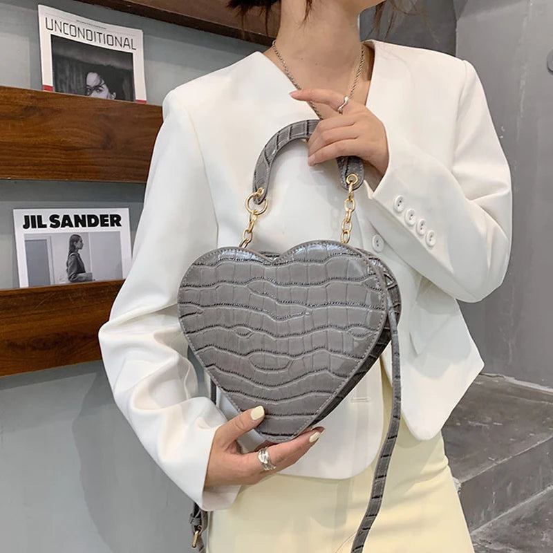 Stone Pattern Pu Handbag Heart-Shaped Shoulder Bag Chain Messenger