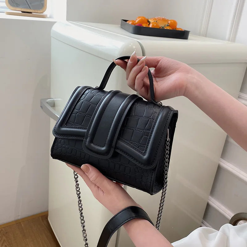 Stone Pattern Zipper Handbags Embossed Lacquer Shoulder Bag