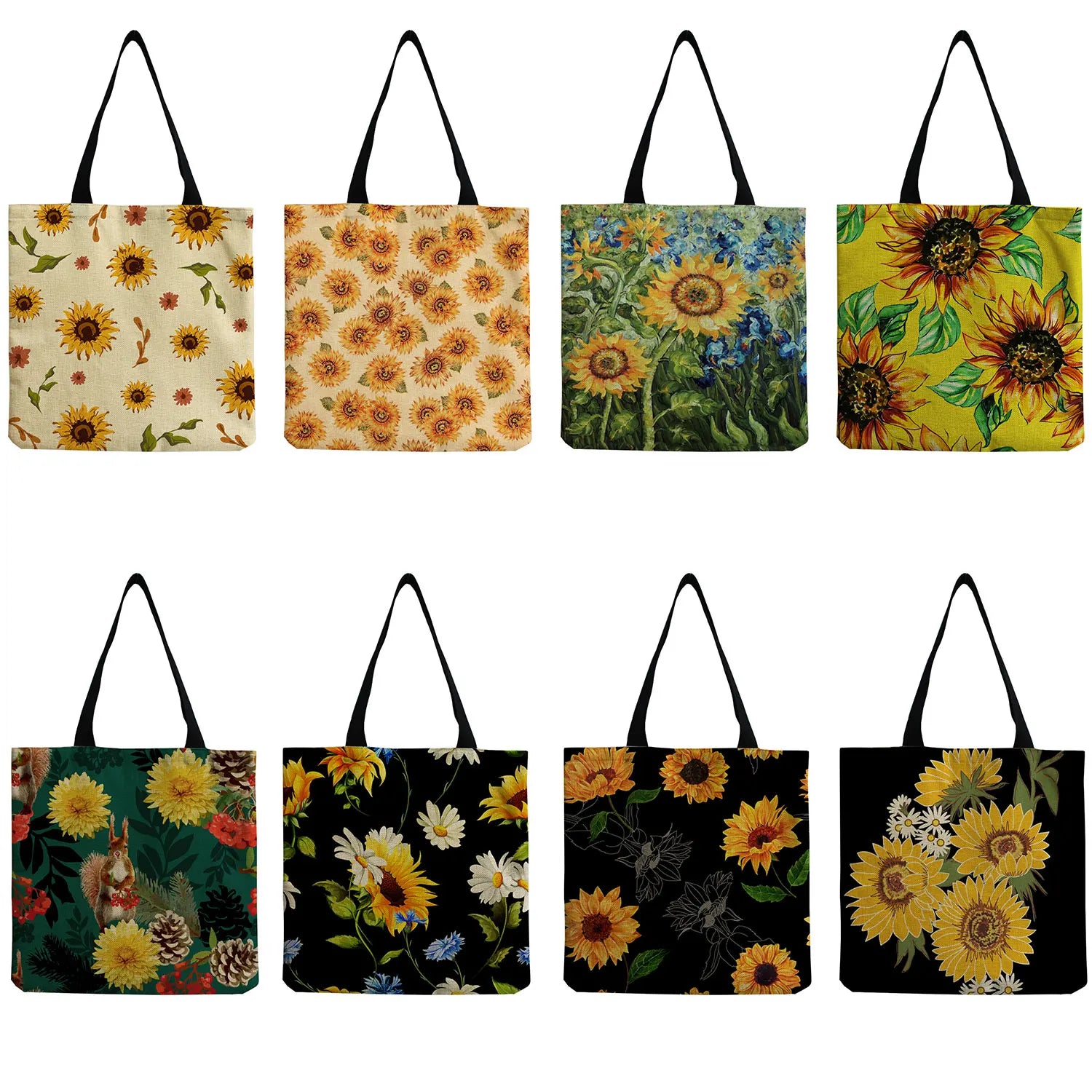 Sunflower Print Foldable Shopping Bag Large Capacity Tote Handbag