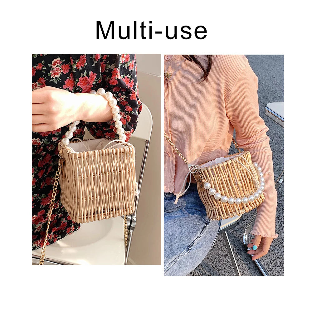 Summer Straw Beaded Chain Shoulder Bag