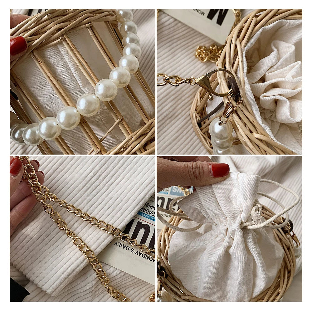 Summer Straw Beaded Chain Shoulder Bag