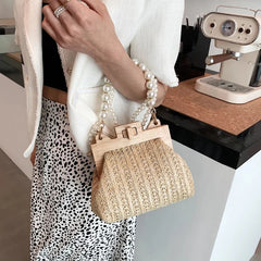 Hand-Woven Straw Bag Women Summer Wooden Rattan Shoulder Bag
