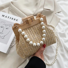 Hand-Woven Straw Bag Women Summer Wooden Rattan Shoulder Bag