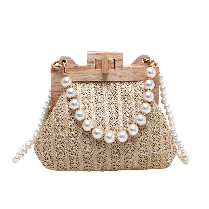 Hand-Woven Straw Bag Women Summer Wooden Rattan Shoulder Bag