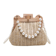 Hand-Woven Straw Bag Women Summer Wooden Rattan Shoulder Bag