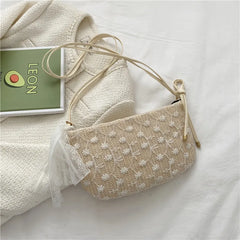 Woven Beach Cross Body Shoulder Bag with Floral Embroidery Tote