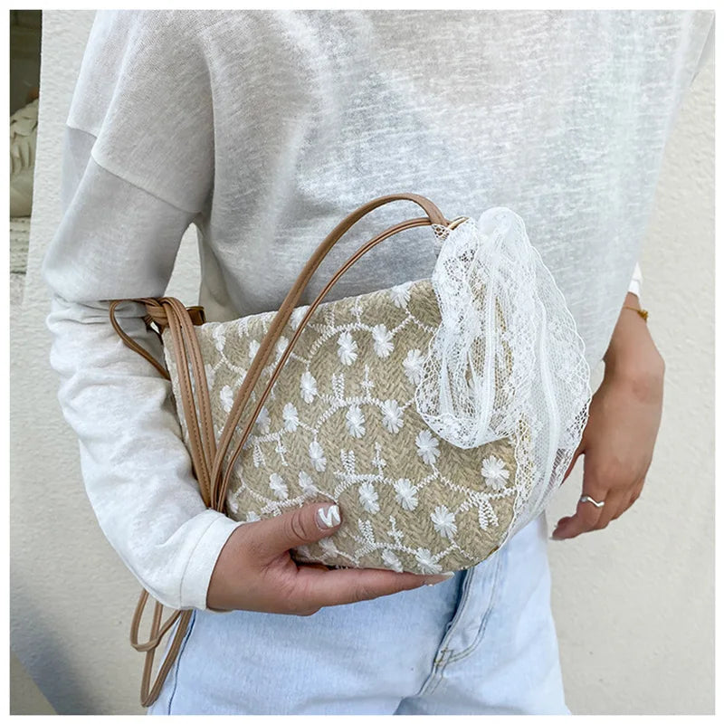 Woven Beach Cross Body Shoulder Bag with Floral Embroidery Tote