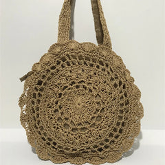 Vintage Straw Beach Bag Woven Shoulder Bag Large Circular Flower Hollow Out