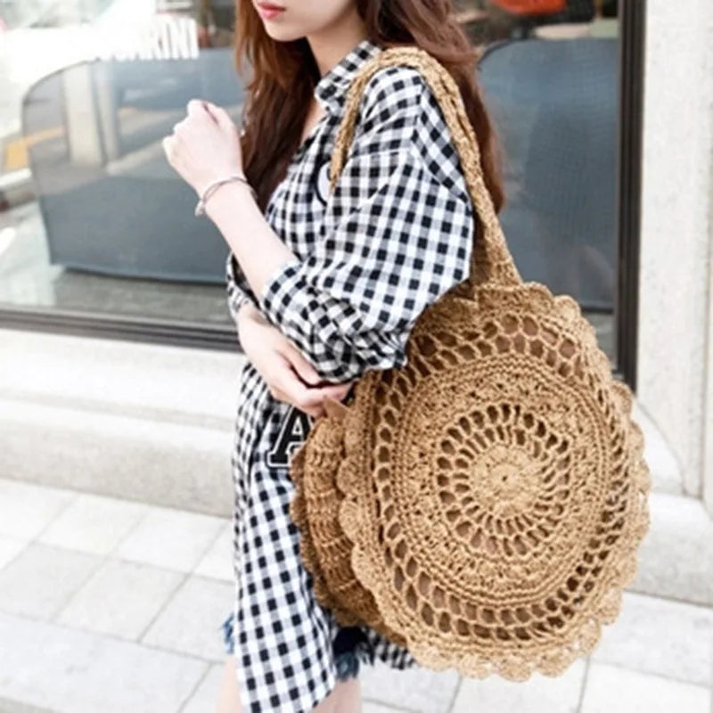 Vintage Straw Beach Bag Woven Shoulder Bag Large Circular Flower Hollow Out