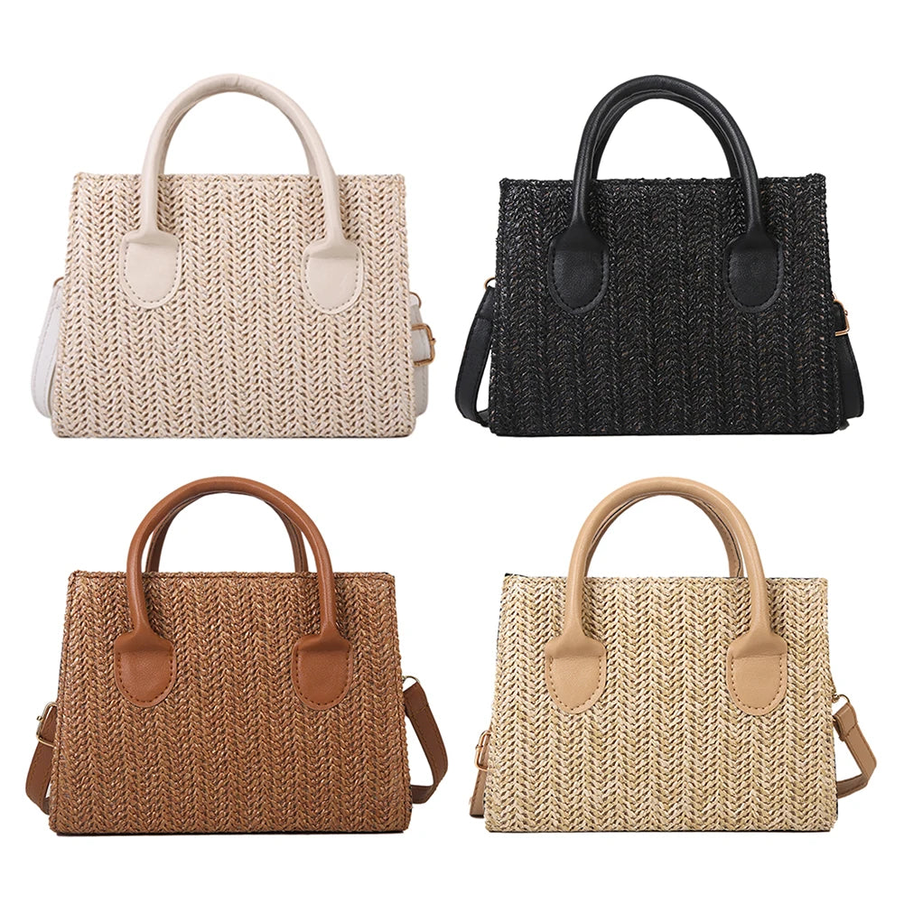 Woven Leather Straw Beach Tote for Women