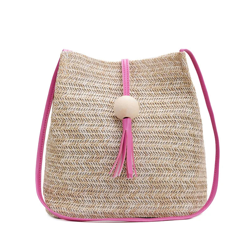 Straw Bucket Bag Wood Bead Tassel Beige