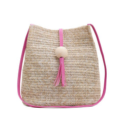 Straw Bucket Bag Wood Bead Tassel Beige