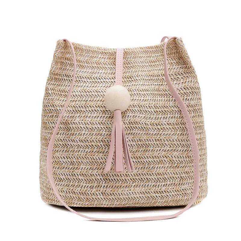 Straw Bucket Bag Wood Bead Tassel Beige