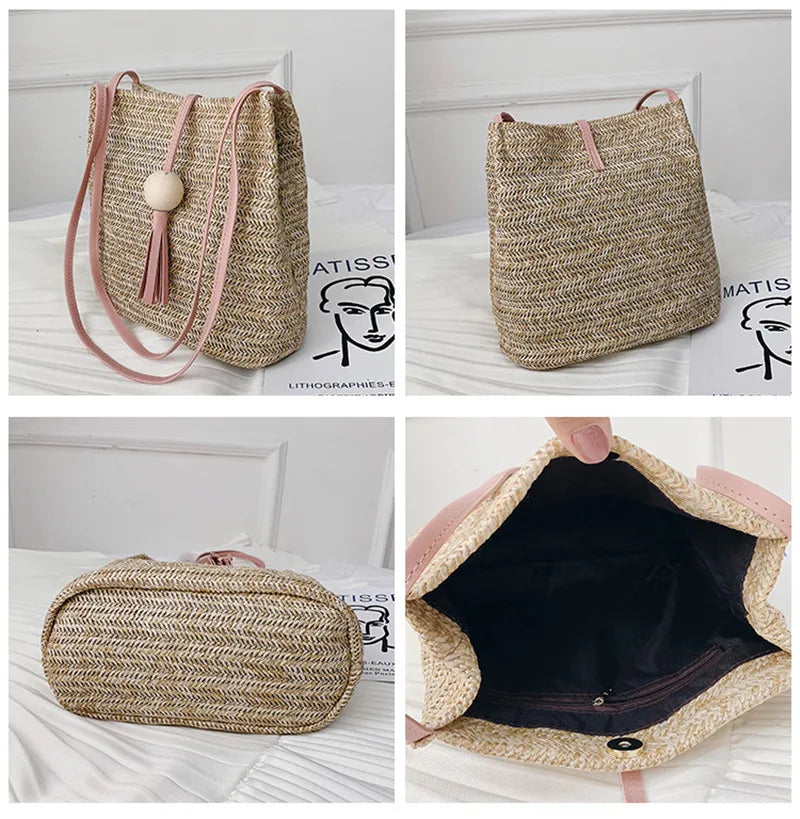 Straw Bucket Bag Wood Bead Tassel Beige