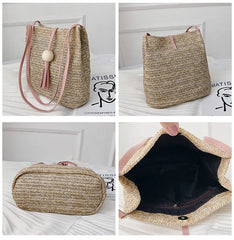 Straw Bucket Bag Wood Bead Tassel Beige