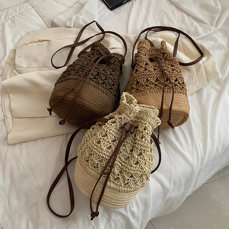 Straw Bucket Bag for Women Crossbody Shoulder Bags Summer Handbags