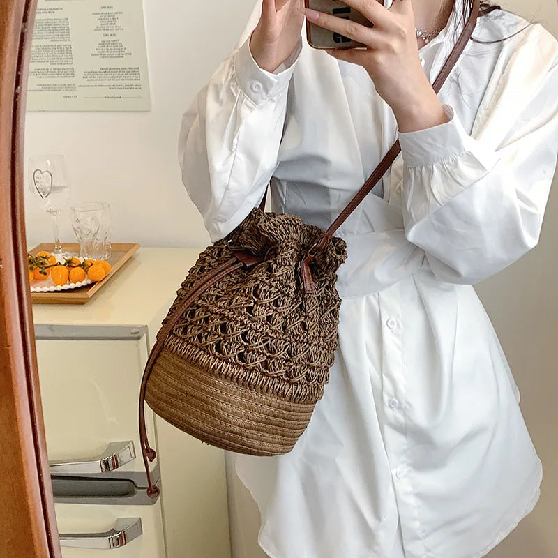 Straw Bucket Bag for Women Crossbody Shoulder Bags Summer Handbags