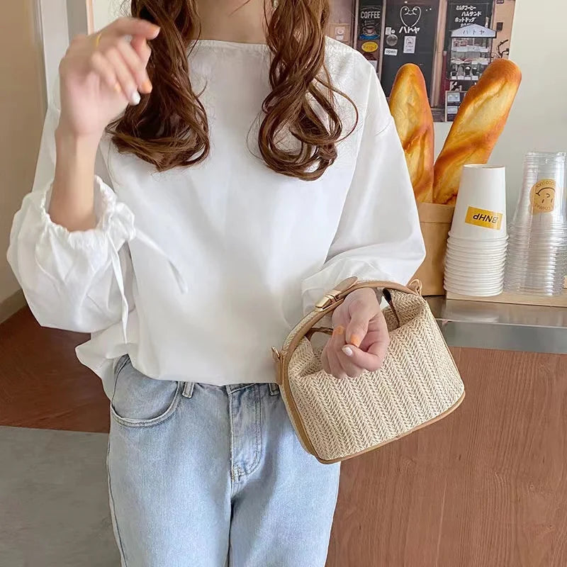 Bohemian Straw Crossbody Bucket Beach Bag Purse Handbag