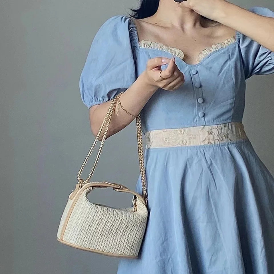 Bohemian Straw Crossbody Bucket Beach Bag Purse Handbag