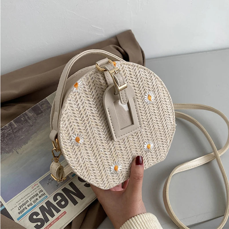 Straw Woven Women's Bag Geometric Pattern Shoulder Crossbody Bag