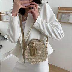 Straw Woven Women's Bag Geometric Pattern Shoulder Crossbody Bag