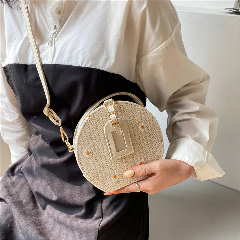Straw Woven Women's Bag Geometric Pattern Shoulder Crossbody Bag