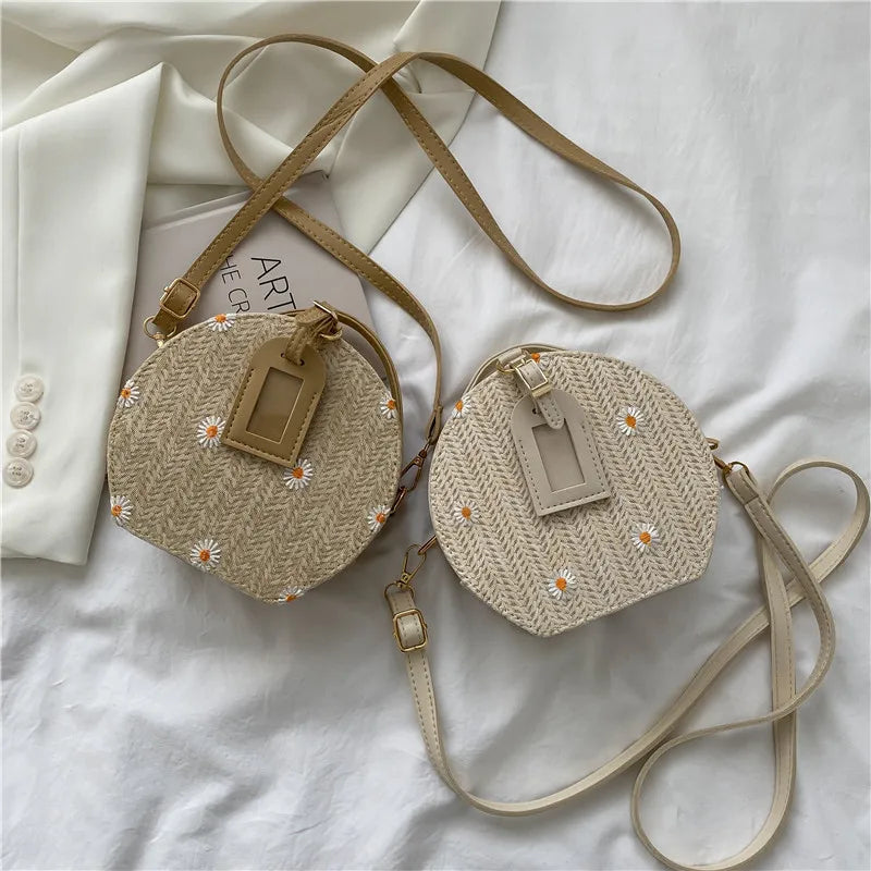 Straw Woven Women's Bag Geometric Pattern Shoulder Crossbody Bag