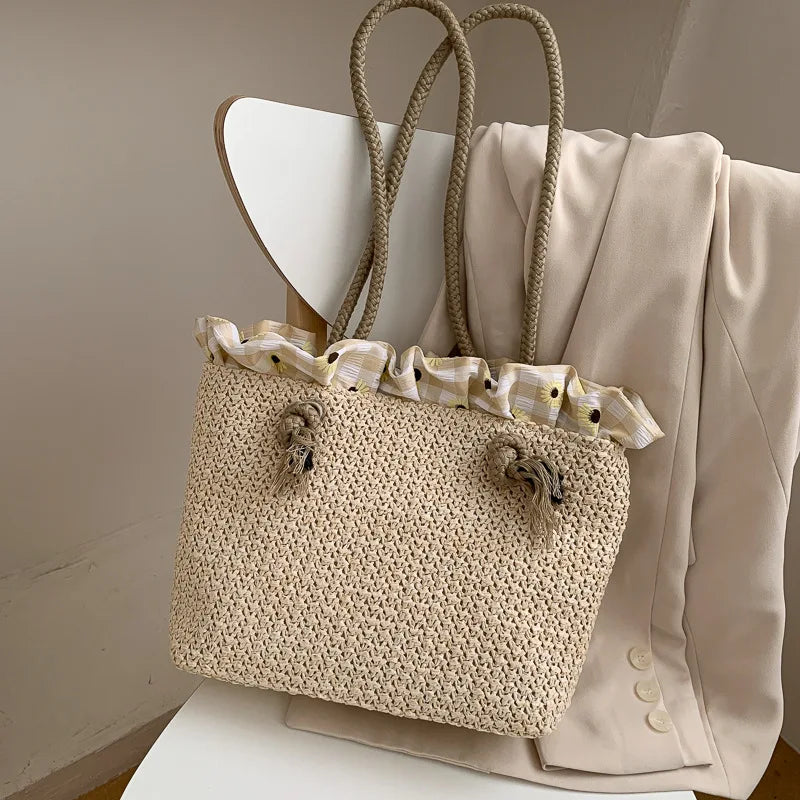Straw Shoulder Bags Women Ruched Summer Beach Holiday Travel Large Capacity Hand