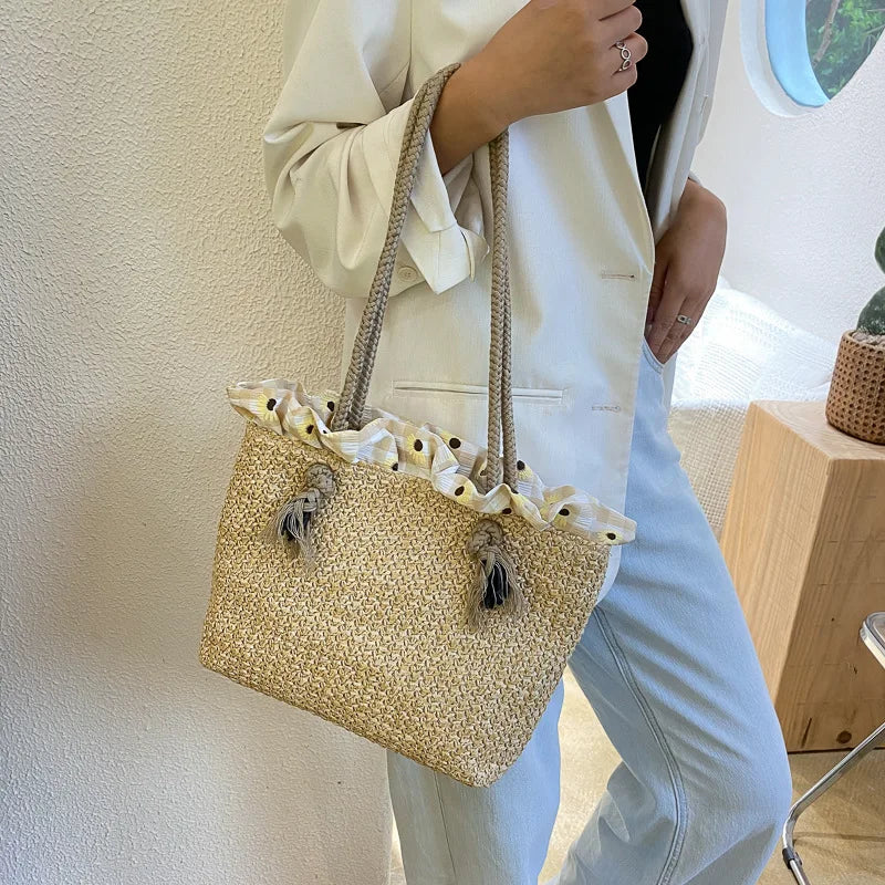 Straw Shoulder Bags Women Ruched Summer Beach Holiday Travel Large Capacity Hand