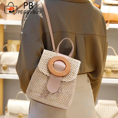 Straw Weave Bucket Backpack Summer Beach Female Daypack