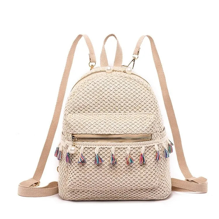Straw Women Backpack Weave Tassel Summer Beach Female Shoulder Bag